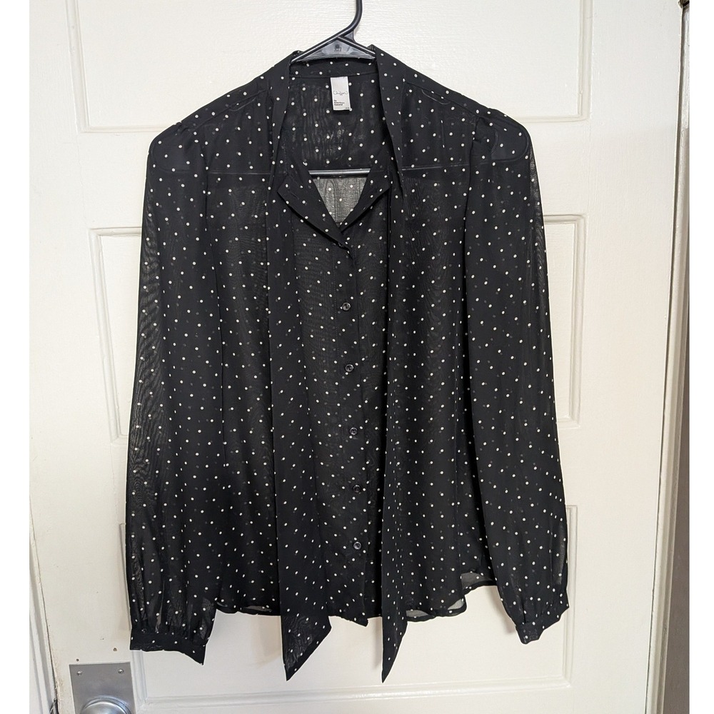American Apparel Black and White Polka Dot Sheer Chiffon Tie Neck Blouse XS